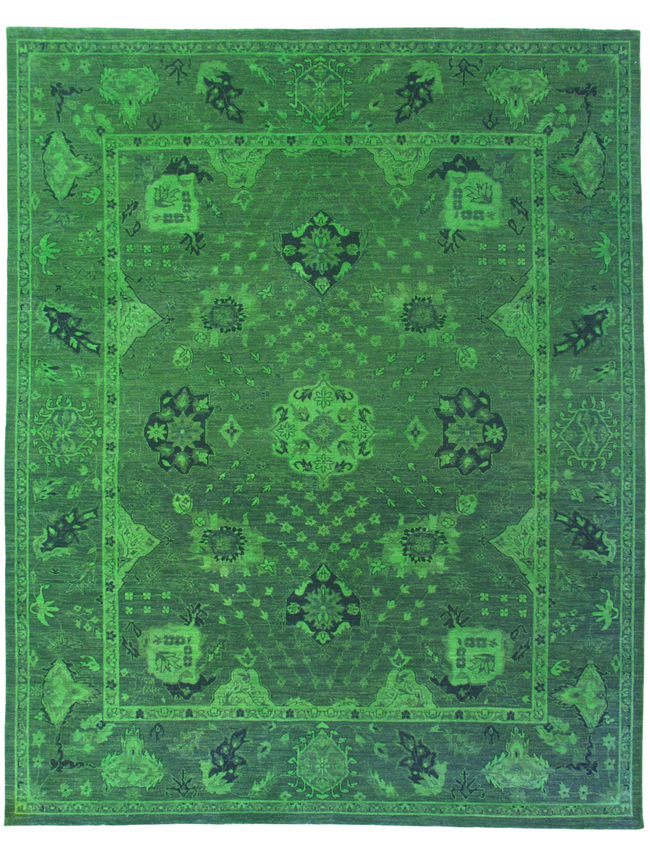 Luxurious Wool Piece Green Overdyed Rug – 7' 09" x 9' 09" | Woven Wonders