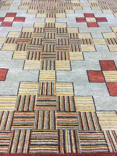 Red & Camel Wool Rug with Light Gray Accents 4' 08" x 6' 08" | Woven Wonders