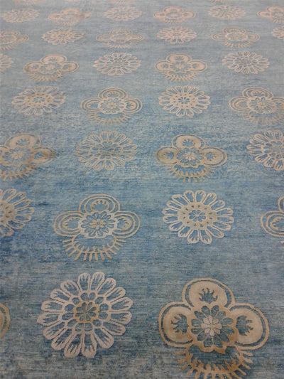 Luxurious Overdyed in Light Blue Wool & Silk Rug- 11'10" x 15'3" | Woven Wonders