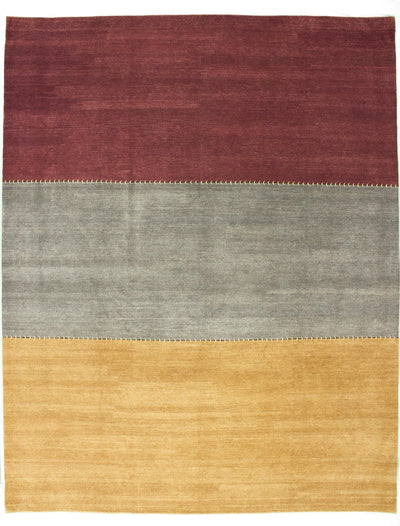 "Hand-Knotted Wool & Silk Area Rug - Utopia Collection | 9' 03" x 11' 09" | Dark Red, Yellow, and Light Gray | New Item"